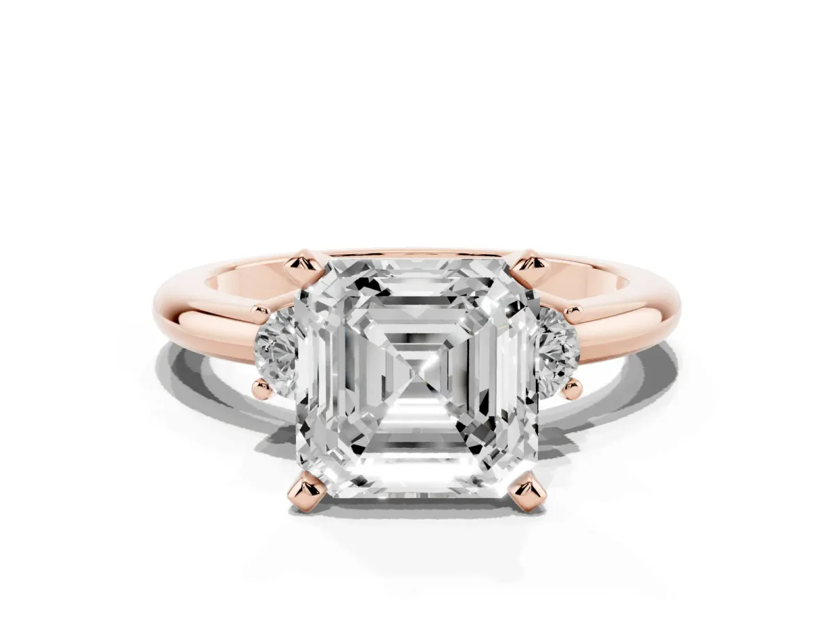 Three-Stone Asscher Cut Cut Diamond Solitaire with Prong Setting and Classic Band Rose gold