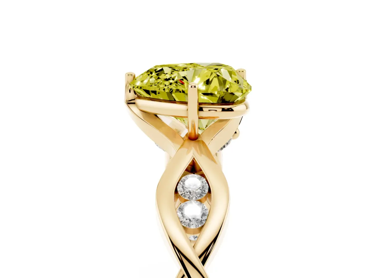 Fancy Yellow Heart Cut Solitaire Twist Band with Leaf Prong Setting Yellow gold