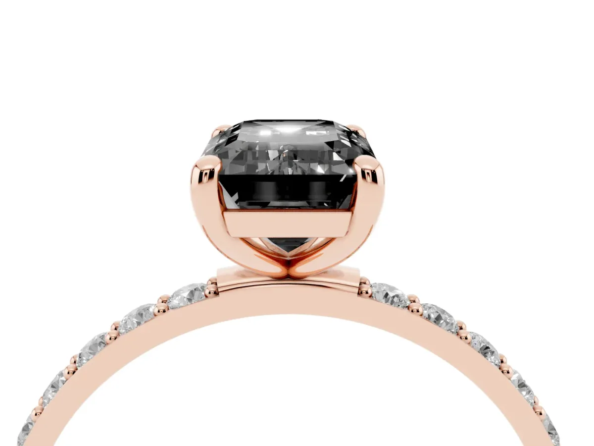 Fancy Black Emerald Cut Diamond Solitaire Ring with Round Pavé Band and Prong Setting Rose gold
