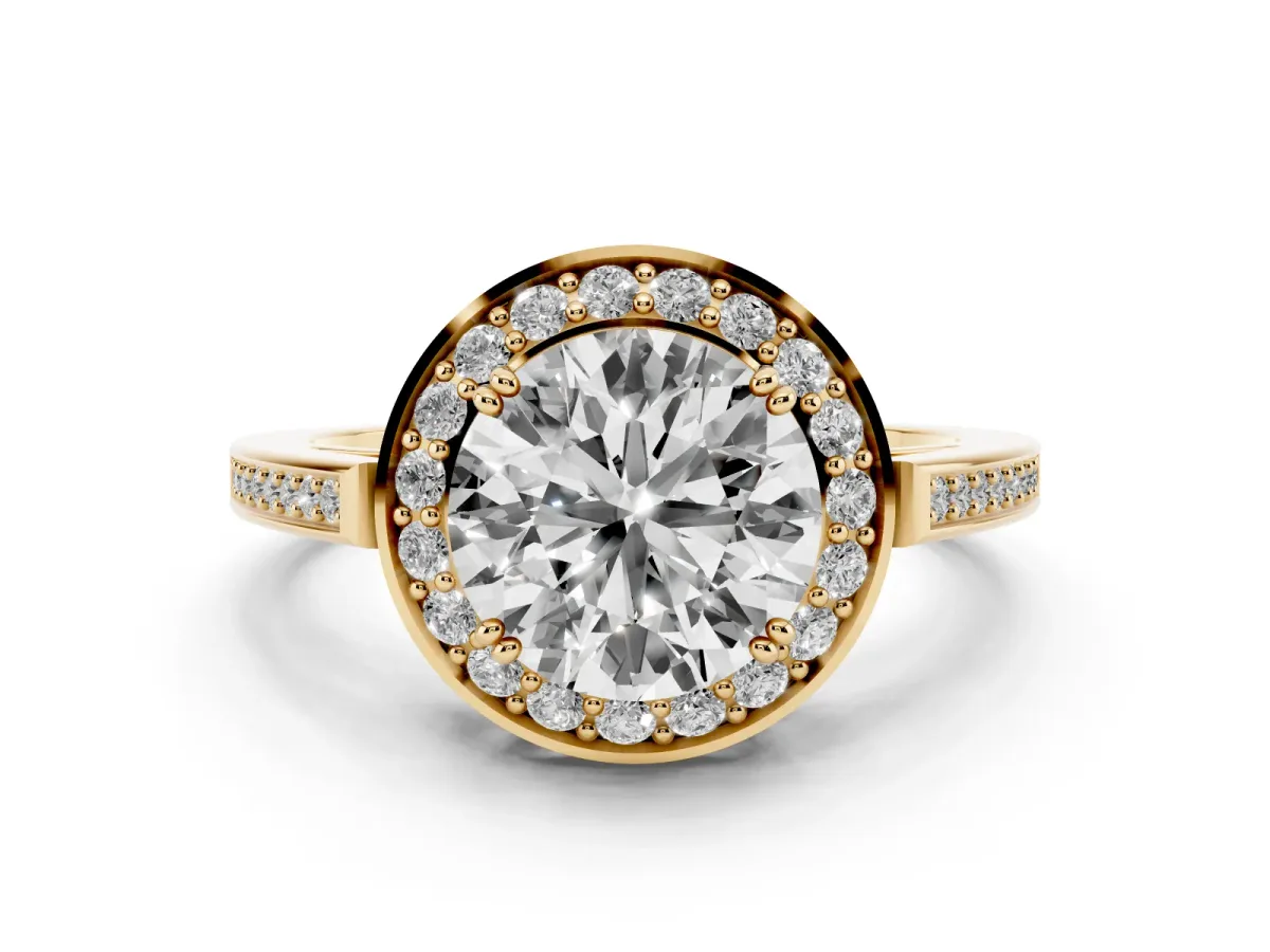 Round Cut Diamond Halo Ring with Split Shank and Four-Prong Setting Yellow gold