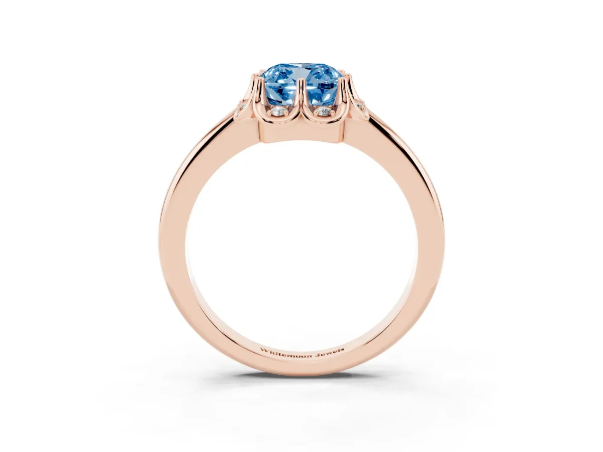 Fancy Blue Cushion Cut Halo Diamond Ring with Round Cluster Setting, Solitaire Band, and Four-Prong Setting Rose gold