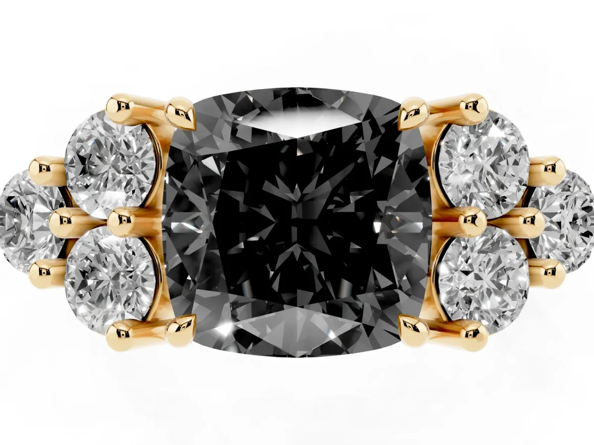 Fancy Black Cushion Cut Brilliant Diamond Cluster Accent Solitaire Ring with Prong Setting Yellow gold