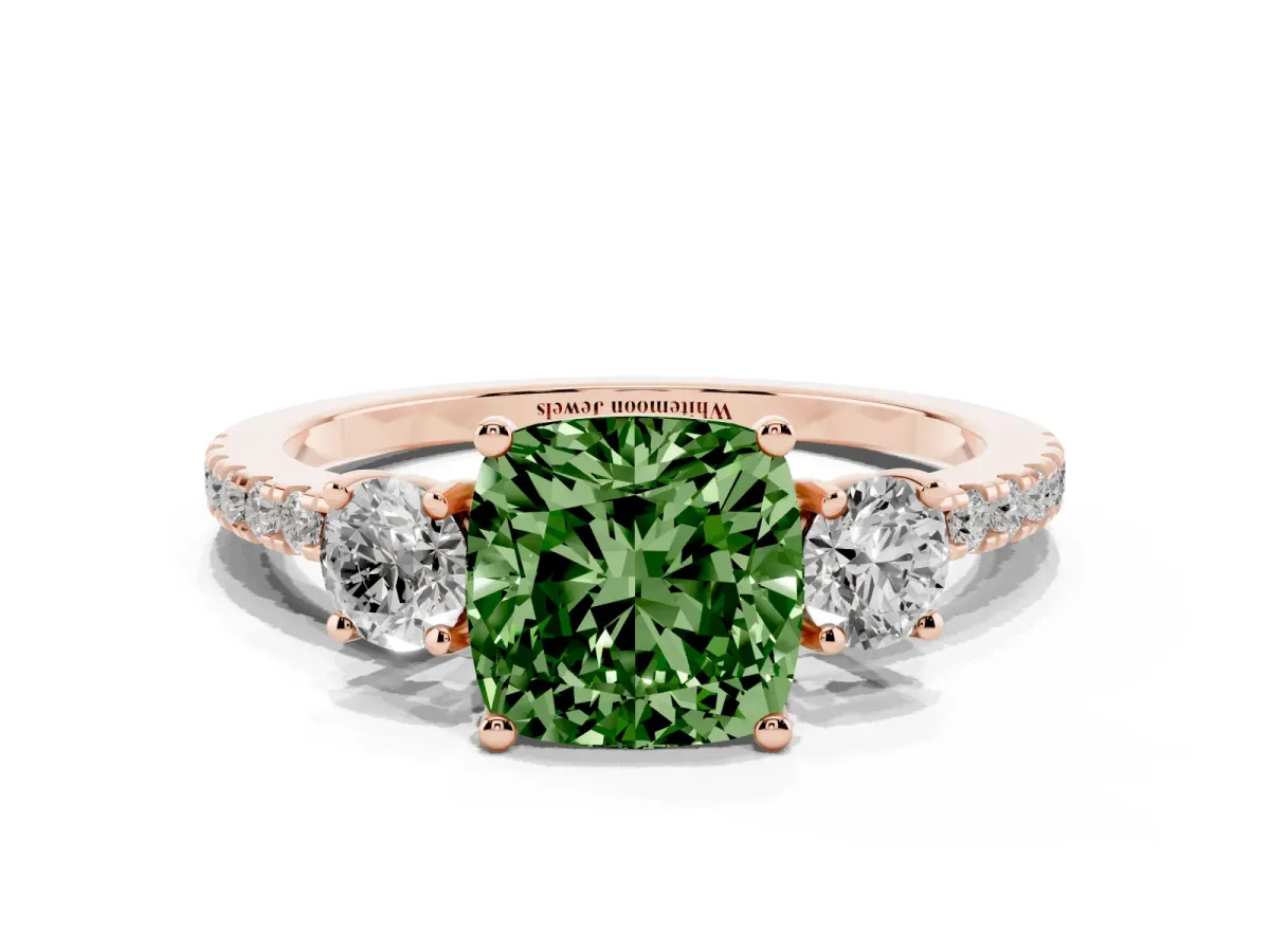 Fancy Green Three-Stone Cushion Cut Cut Diamond Pavé Band with Prong Setting Rose gold