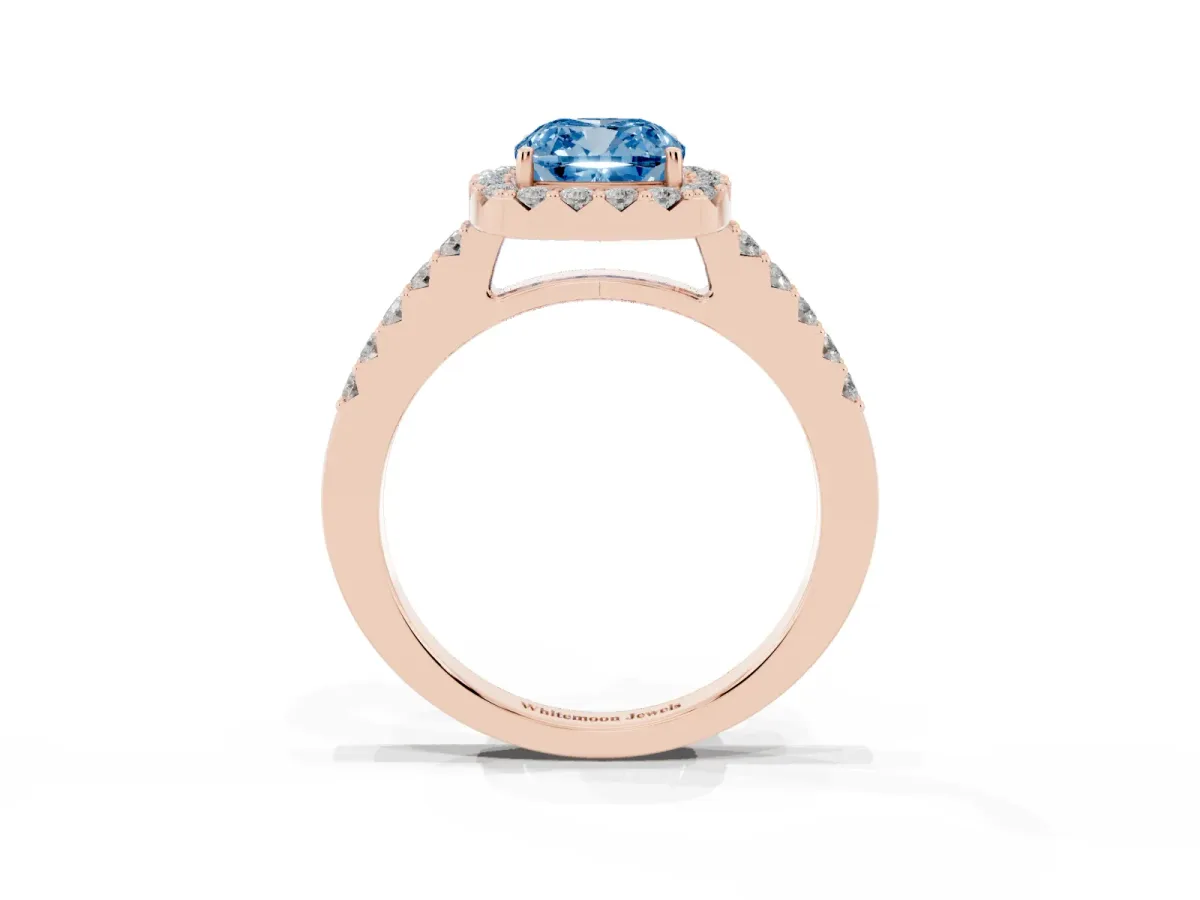 Fancy Blue Cushion Cut Halo Diamond Pavé Solitaire Ring Rose gold