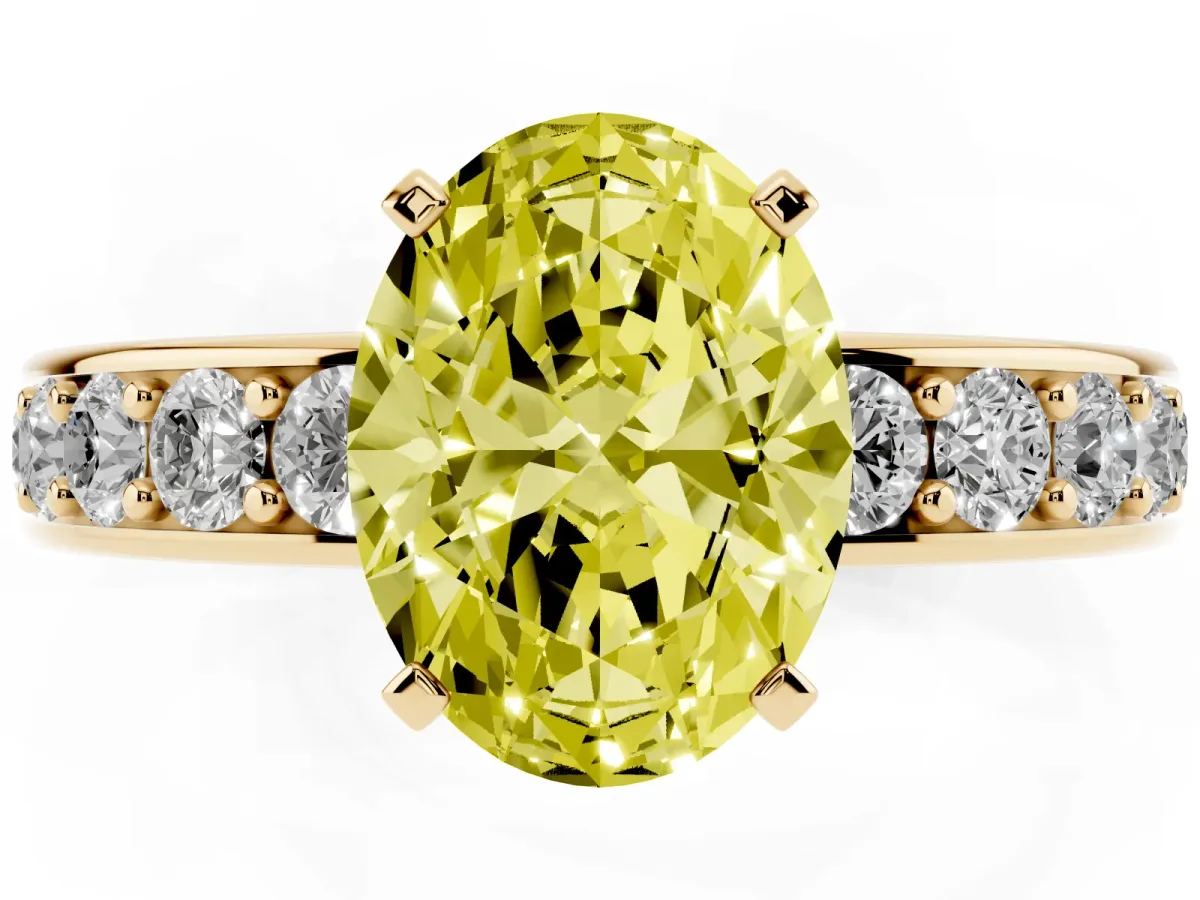 Fancy Yellow Oval Cut Diamond Engagement Ring with Channel Set Round Band and Prong Setting Yellow gold