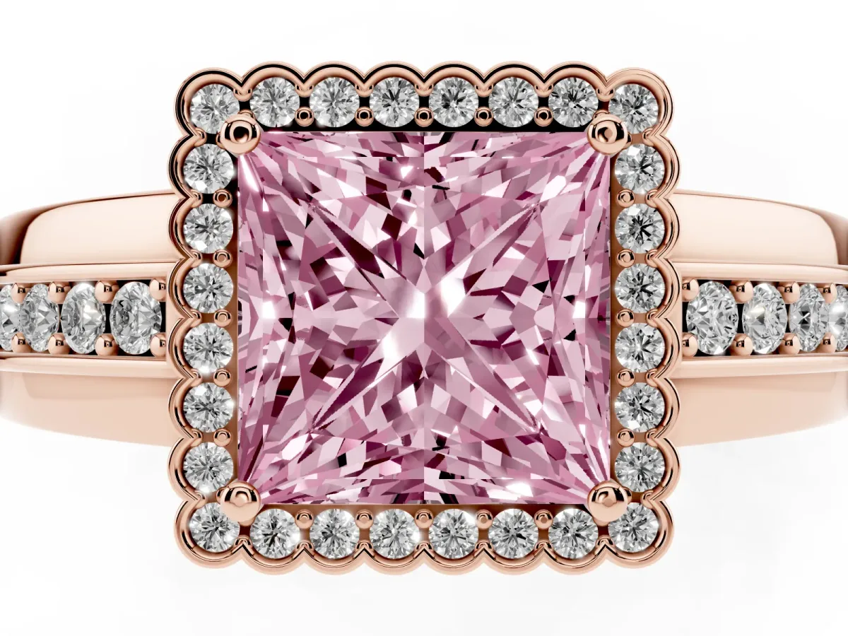 Fancy Pink Princess Cut Cut Halo Pave Band Four-Prong Ring Rose gold