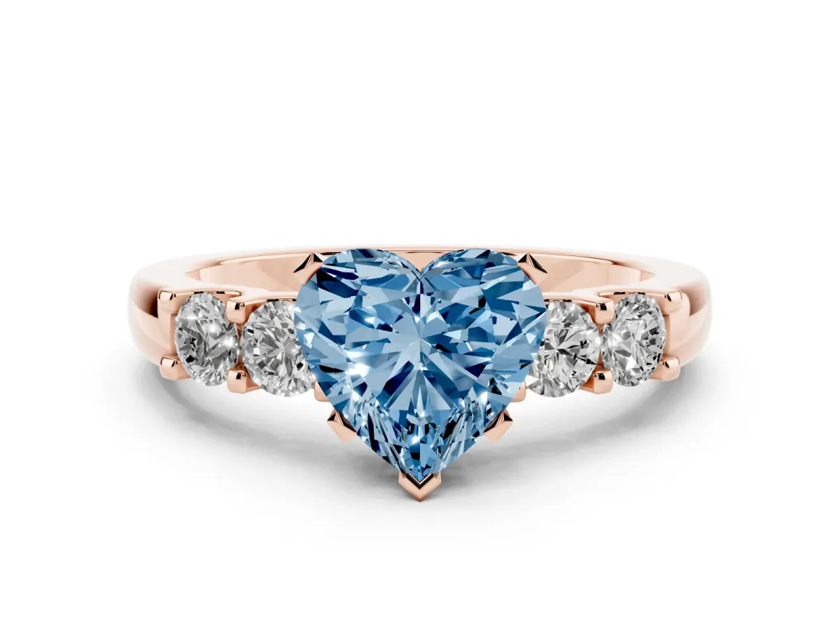 Fancy Blue Heart Cut Brilliant Cut Diamond Five-Stone Prong Set Engagement Ring with Channel Band Rose gold