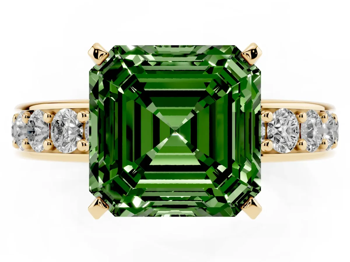 Fancy Green Asscher Cut Diamond Engagement Ring with Channel Set Round Band and Prong Setting Yellow gold
