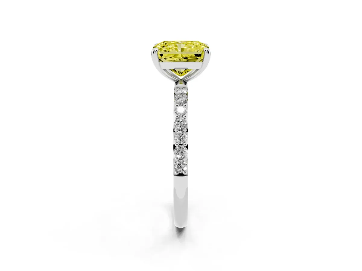 Fancy Yellow Radiant Cut Diamond Solitaire Ring with Round Pavé Band and Prong Setting Silver