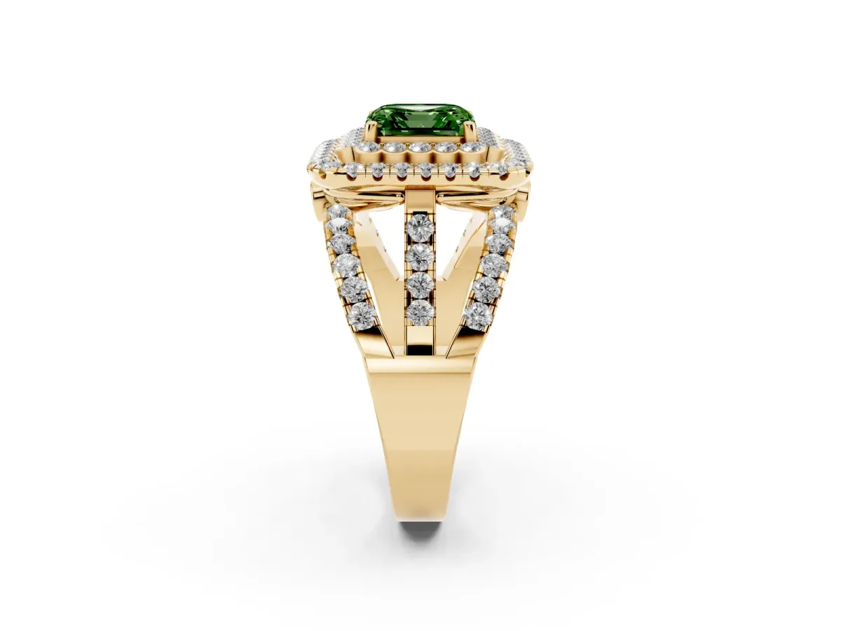 Fancy Green Asscher Cut Diamond Double Halo Ring with Round Pavé Split Shank and Prong Setting Yellow gold