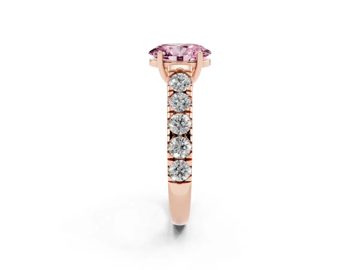 Fancy Pink Oval Cut Cut Diamond Solitaire Ring with Micro Pave Band and Prong Setting Rose gold