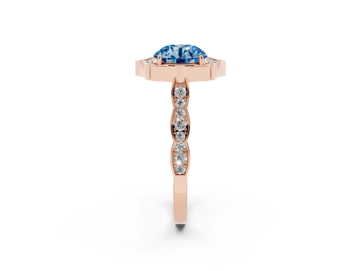 Fancy Blue Round Cut Halo Diamond Engagement Ring with Milgrain Band and Four-Prong Setting Rose gold