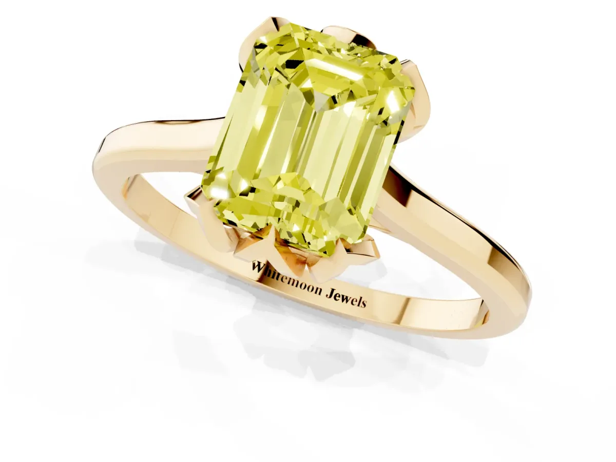 Fancy Yellow Emerald Cut Diamond Solitaire Ring with Flower Prong Setting and Classic Band Yellow gold