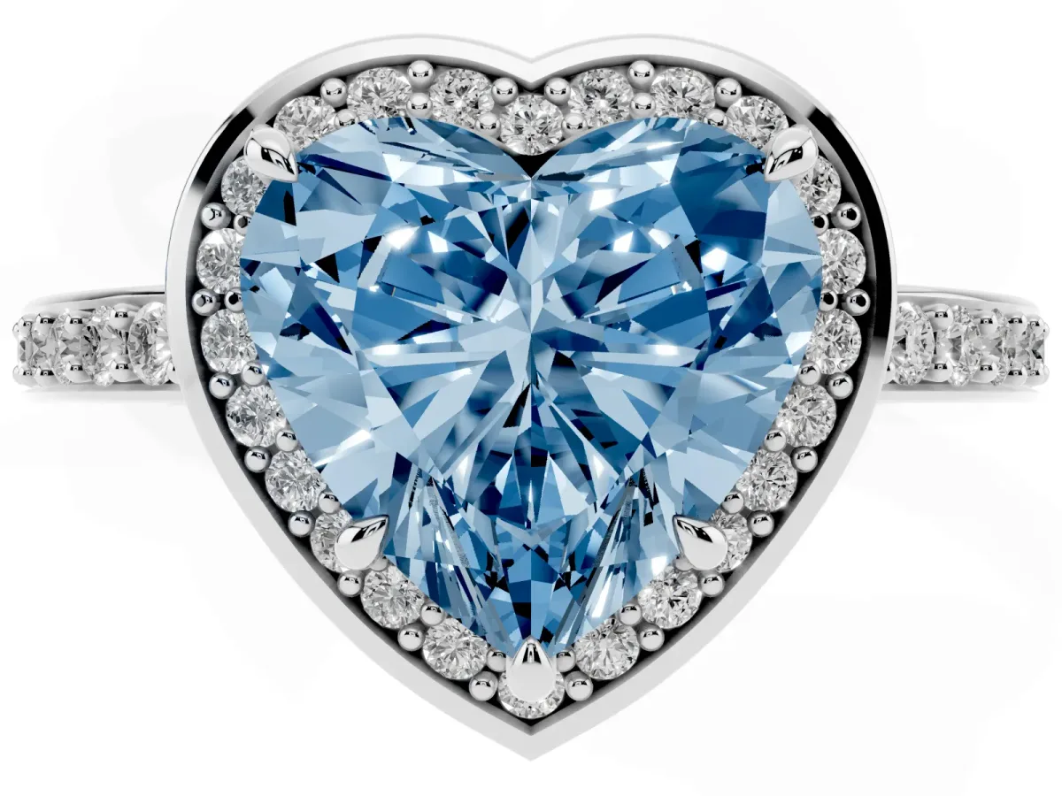Fancy Blue Heart Cut Halo Pave Band Solitaire Ring with Prong Setting Silver