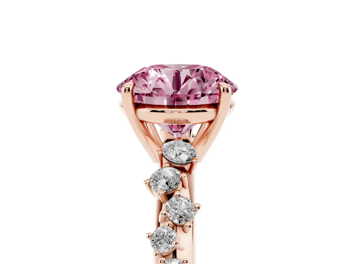 Fancy Pink Round Cut Diamond Cluster Side Stone Solitaire Ring with Prong Setting Rose gold