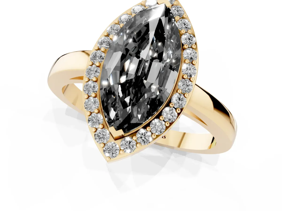 Fancy Black Marquise Cut Halo Diamond Ring with Solitaire Band and Prong Setting Yellow gold