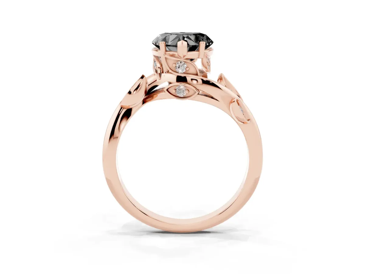 Fancy Black Heart Cut Solitaire Twist Engagement Ring with Leaf Accents and Prong Setting Rose gold