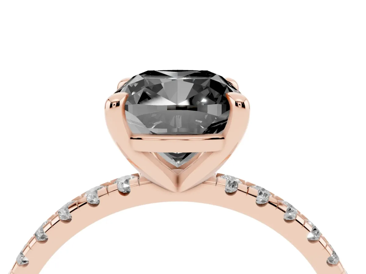 Fancy Black Cushion Cut Diamond Brilliant Solitaire Ring with Pavé Band and Four-Prong Setting Rose gold