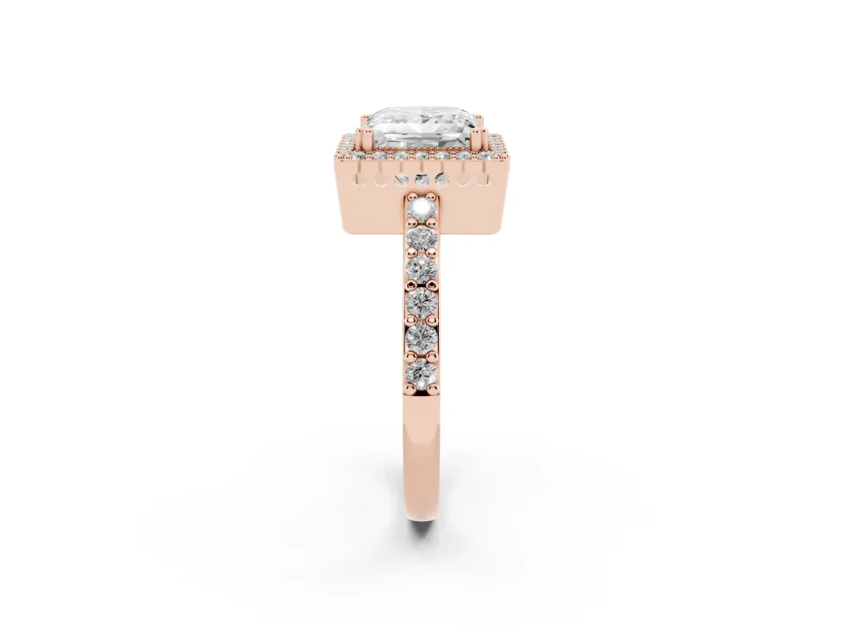 Princess Cut Cut Diamond Halo Engagement Ring with Milgrain Detail and Pavé Band Rose gold