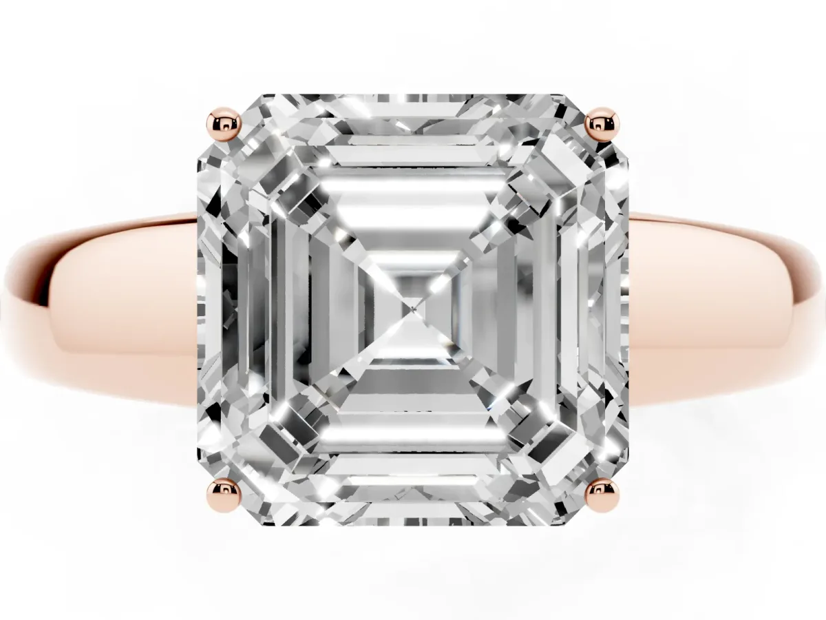 Asscher Cut Solitaire Diamond Ring with Tapered Band and Four-Prong Setting Rose gold