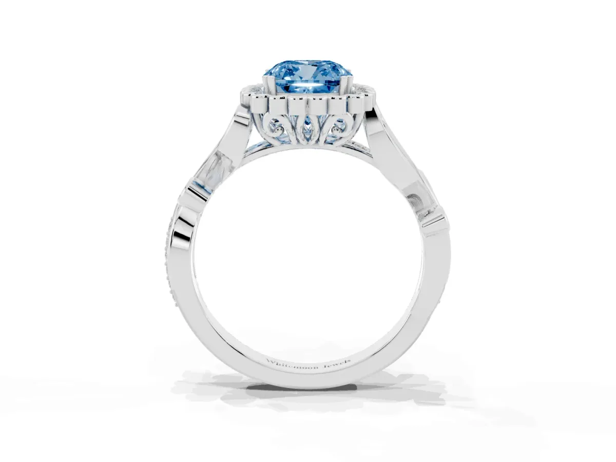 Fancy Blue Cushion Cut Diamond Halo Ring with Vintage Split Shank and Four-Prong Setting Silver