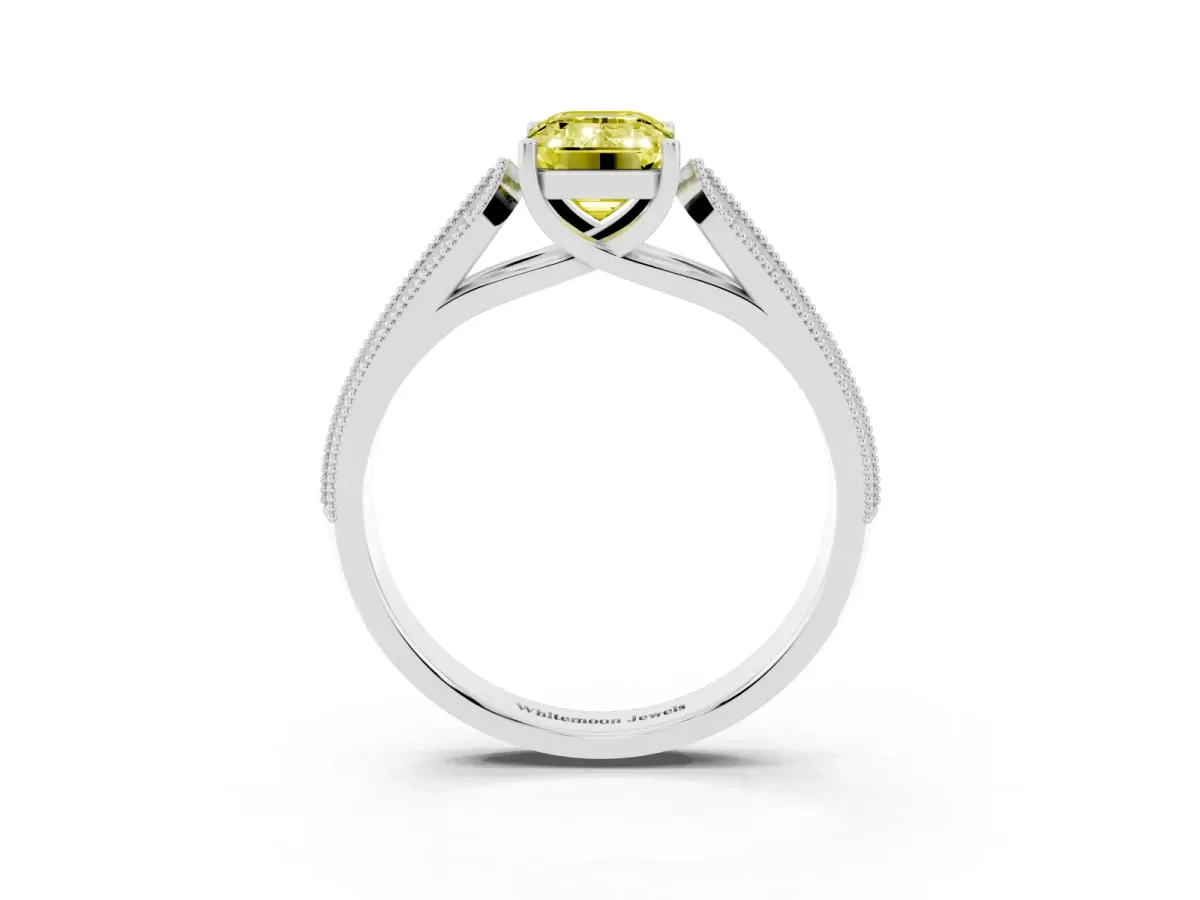 Fancy Yellow Emerald Cut Cut Pave Split Shank Engagement Ring with Four-Prong Setting White gold