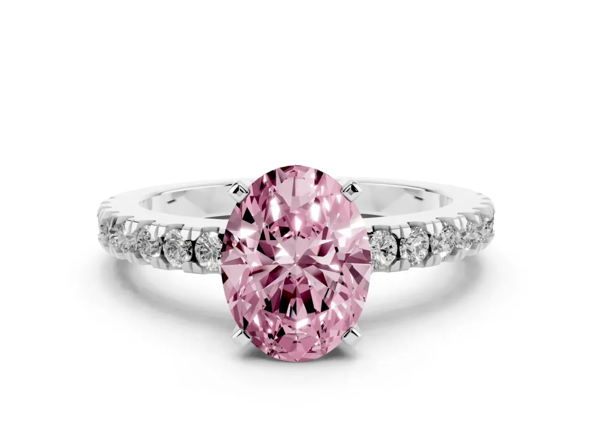 Fancy Pink Oval Cut Solitaire Diamond with Pavé Band and Four-Prong Setting Silver