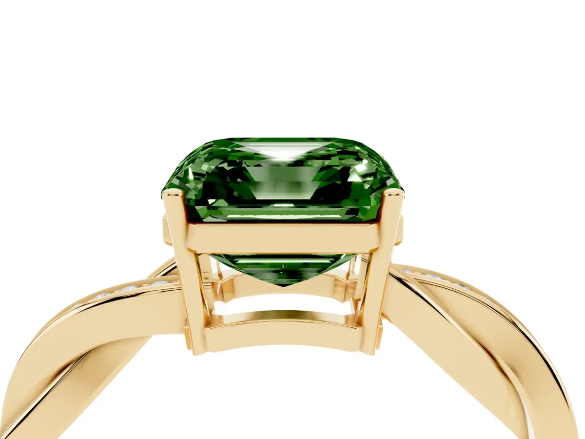 Fancy Green Asscher Cut Solitaire Twisted Pave Diamond Ring with Four-Prong Setting Yellow gold