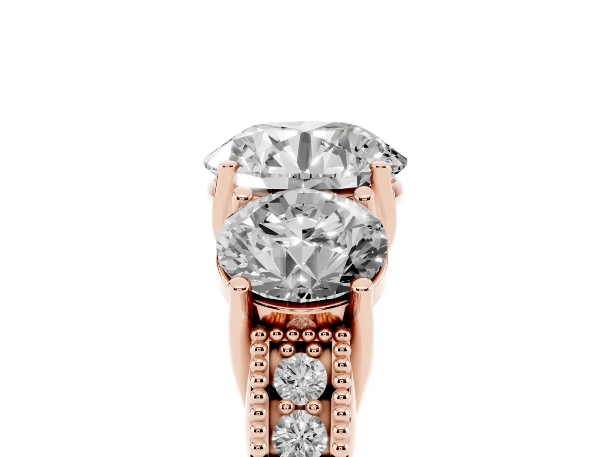 Three-Stone Round Cut Cut Milgrain Pavé Engagement Ring Rose gold