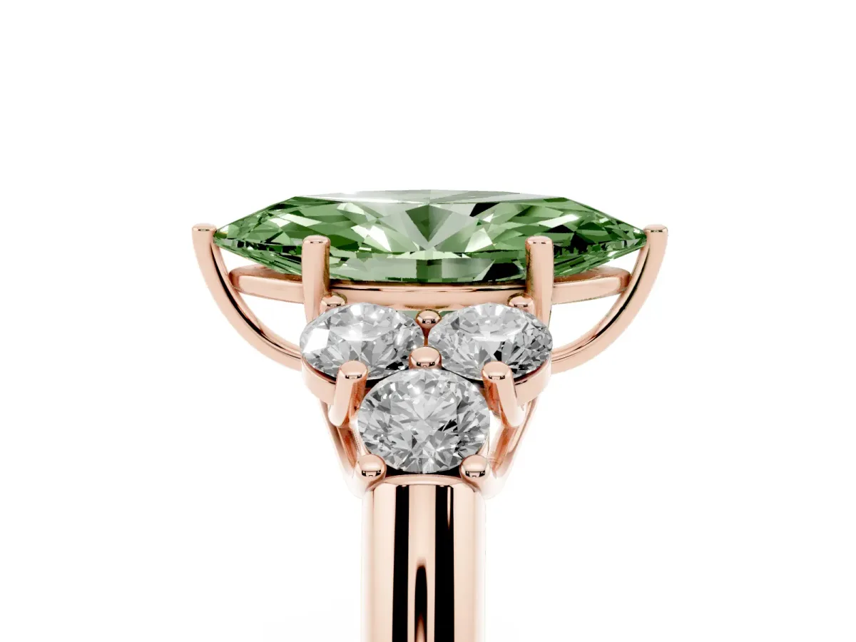 Fancy Green Marquise Cut Cut Diamond Cluster Ring with Round Accent Stones and Prong Setting on a Classic Band Rose gold