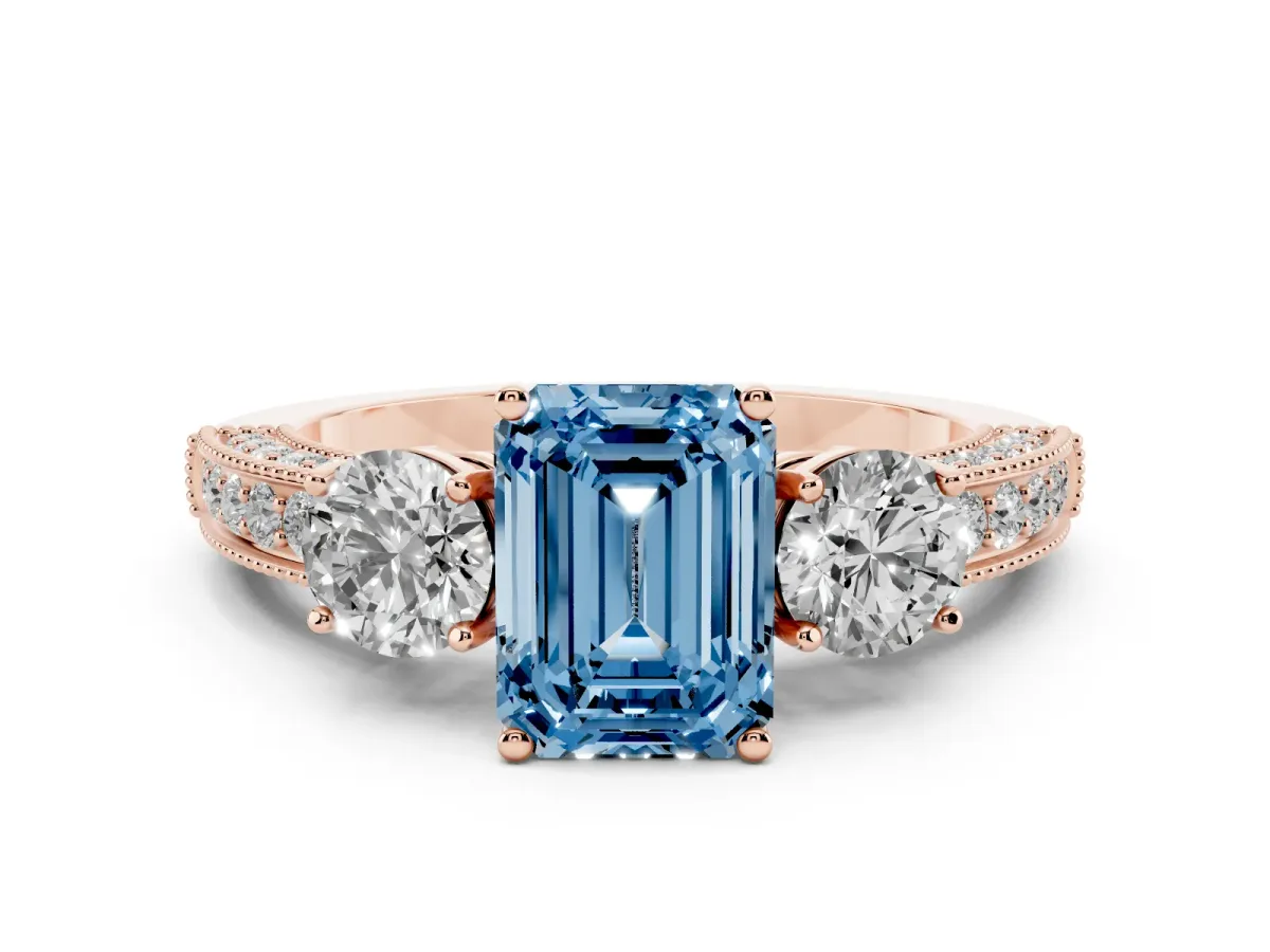 Fancy Blue Emerald Cut Three-Stone Diamond Ring with Pavé Band and Four-Prong Setting Rose gold