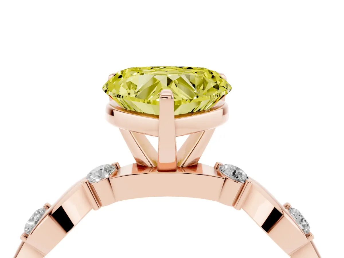 Fancy Yellow Heart Cut Diamond Solitaire Twisted Band with Round Accents and Prong Setting Rose gold
