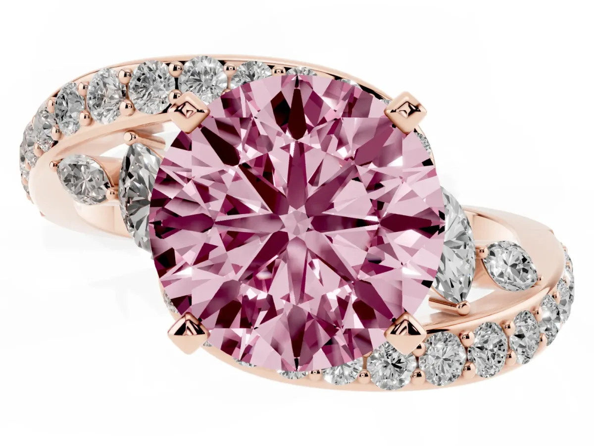 Fancy Pink Round Cut Solitaire with Pavé Twist Band and Four-Prong Setting Rose gold