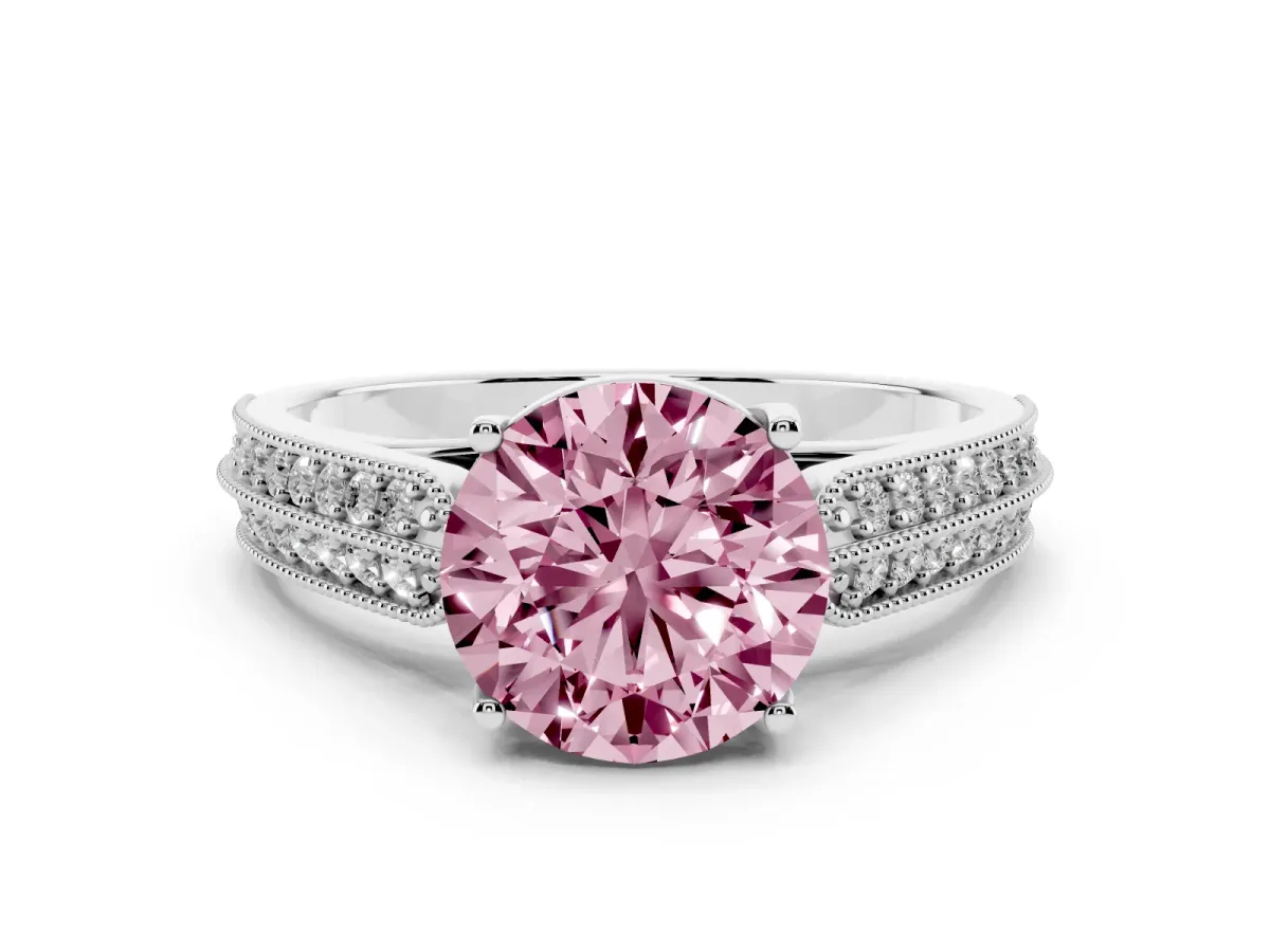 Fancy Pink Round Cut Cut Pave Split Shank Engagement Ring with Four-Prong Setting White gold