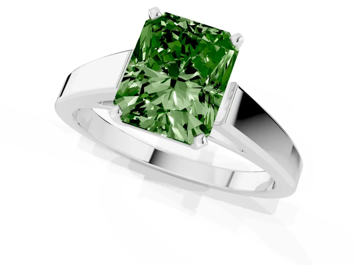 Fancy Green Radiant Cut Solitaire Engagement Ring with Four-Prong Setting and Tapered Band Platinum