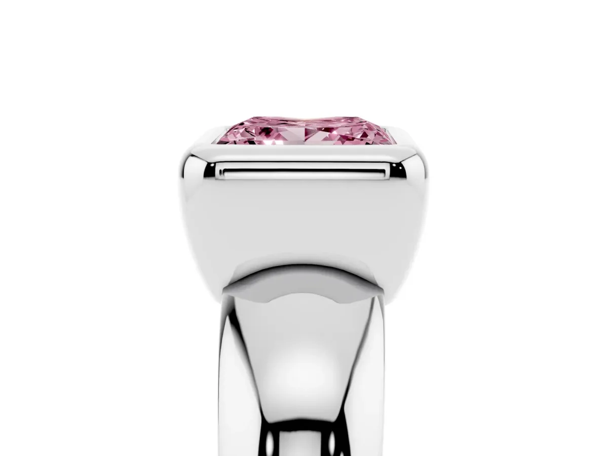 Fancy Pink Bezel Set Princess Cut Solitaire Ring with Wide Band Platinum
