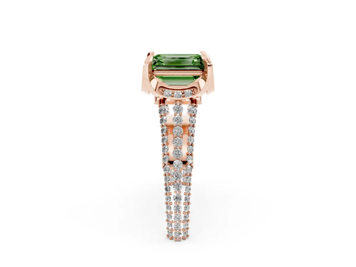Fancy Green Emerald Cut Solitaire Pave Split Shank Ring with Four-Prong Setting Rose gold