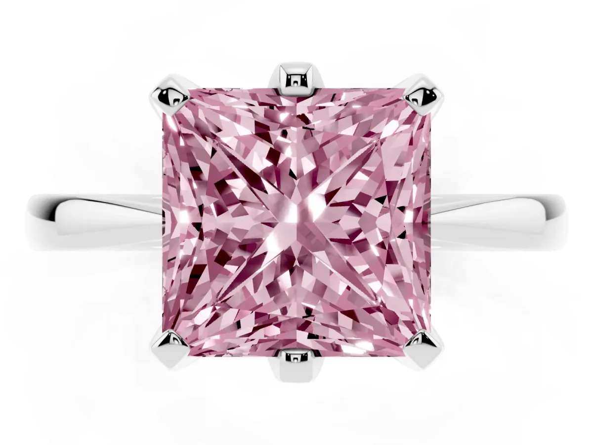 Fancy Pink Princess Cut Solitaire Engagement Ring with Six-Prong Setting and Tapered Band Silver
