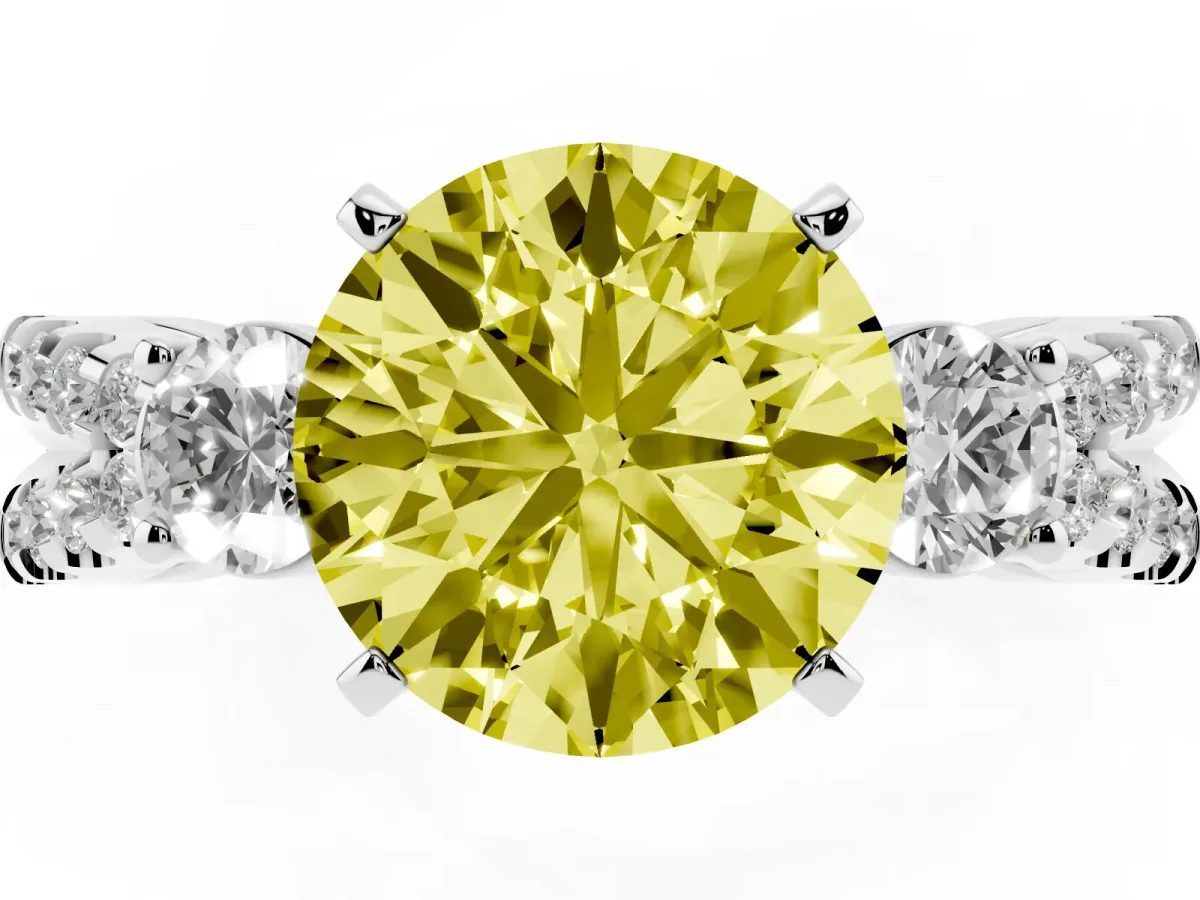 Fancy Yellow Round Cut Diamond Three-Stone Ring with Pavé Split Shank and Four-Prong Setting Silver