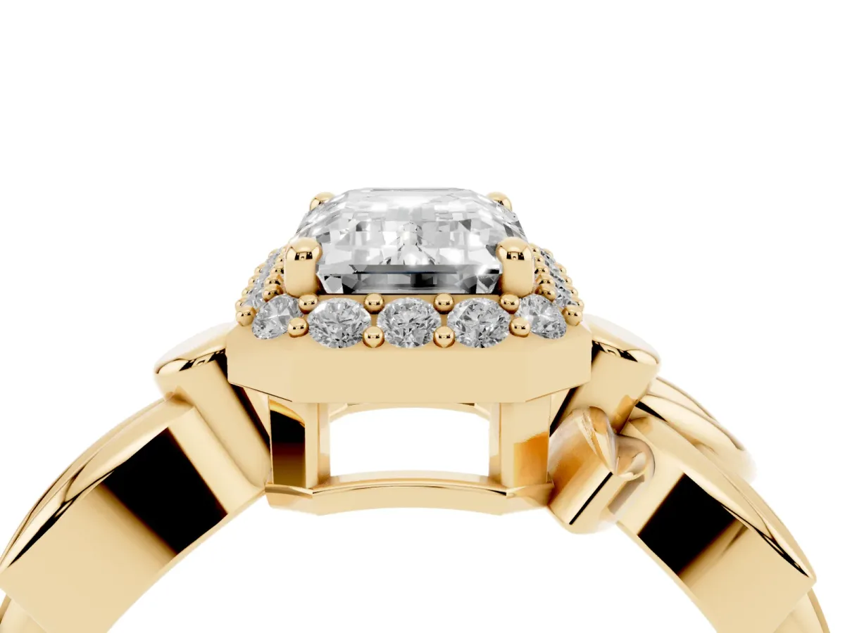 Emerald Cut Halo Diamond Floral Band with Four-Prong Setting Yellow gold