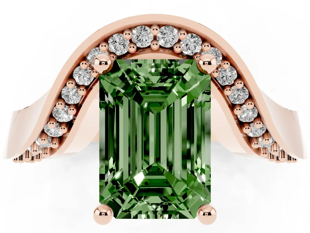 Fancy Green Emerald Cut Solitaire Diamond Engagement Ring with Pave Band and Four-Prong Setting Rose gold