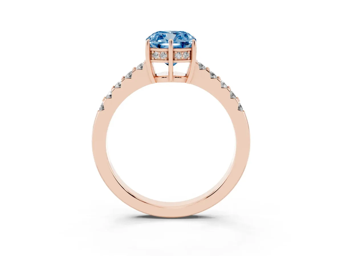 Fancy Blue Cushion Cut Solitaire Diamond Engagement Ring with Pavé Band and Six-Prong Setting Rose gold