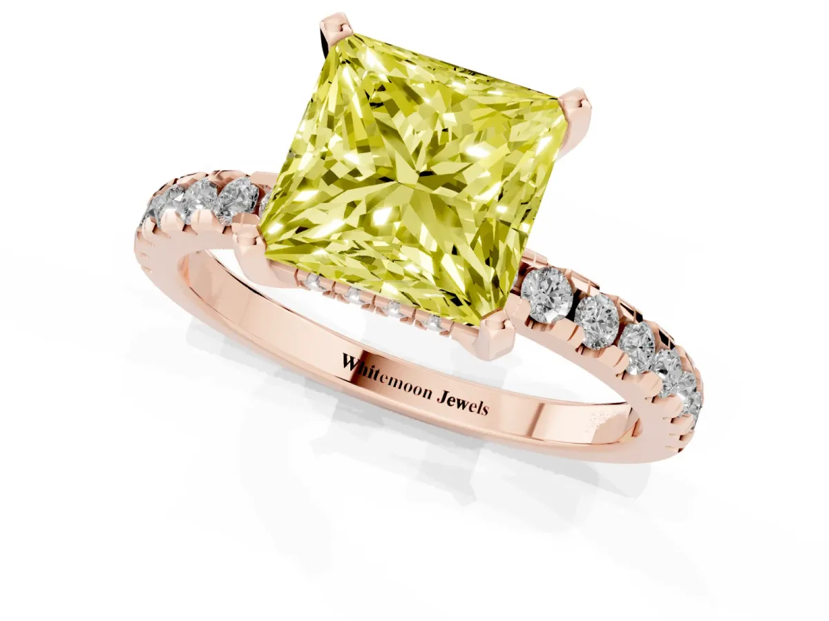 Fancy Yellow Princess Cut Diamond Solitaire Ring with Round Pavé Band and Four-Prong Setting Rose gold