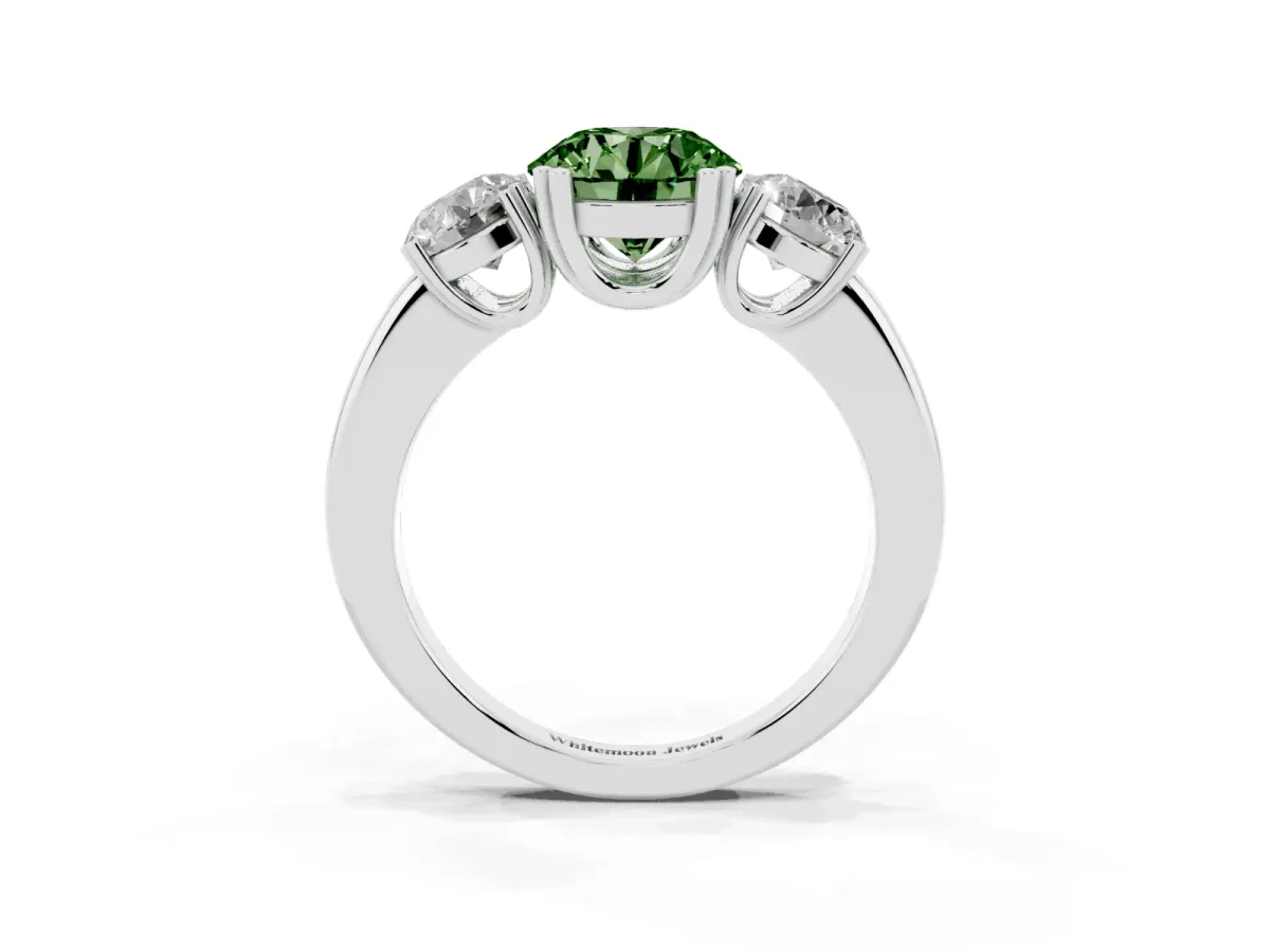 Fancy Green Three-Stone Round Cut Cut Diamond Ring with Channel Set Band and Four-Prong Setting Silver