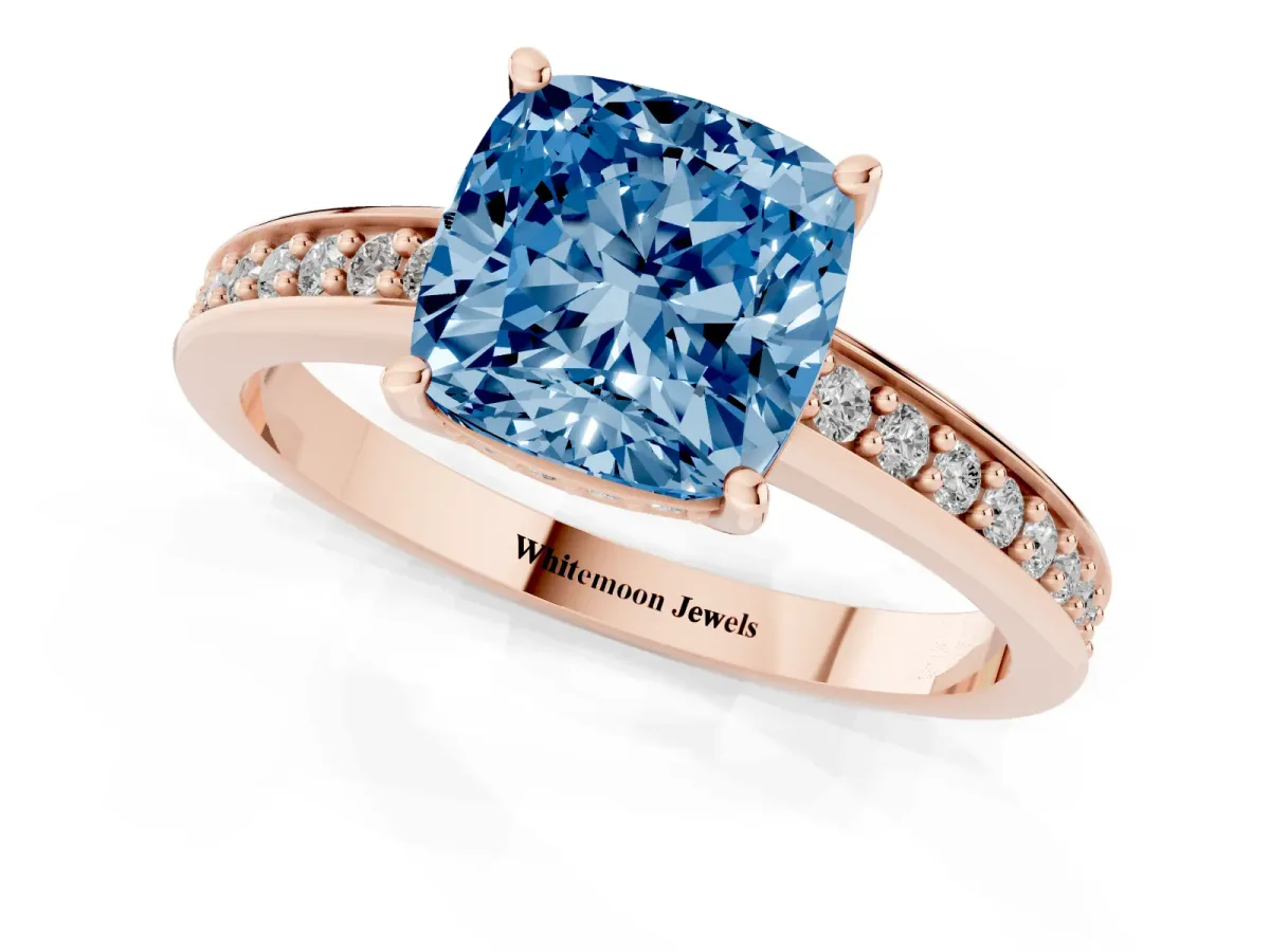 Fancy Blue Cushion Cut Solitaire Pavé Band Prong Setting Ring Rose gold
