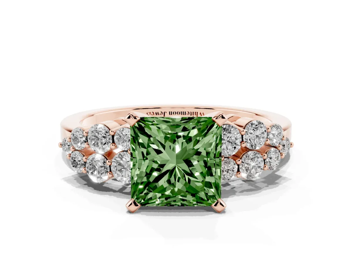 Fancy Green Princess Cut Cluster Diamond Engagement Ring with Pavé Band and Four-Prong Setting Rose gold