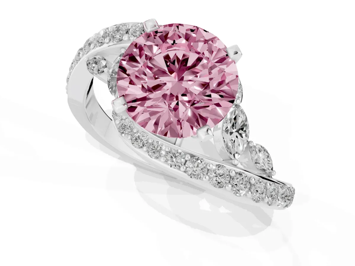 Fancy Pink Round Cut Solitaire with Pavé Twist Band and Four-Prong Setting Silver