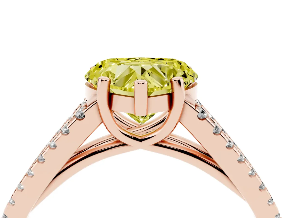 Fancy Yellow Heart Cut Diamond Solitaire Engagement Ring with Split Shank Pavé Band Rose gold