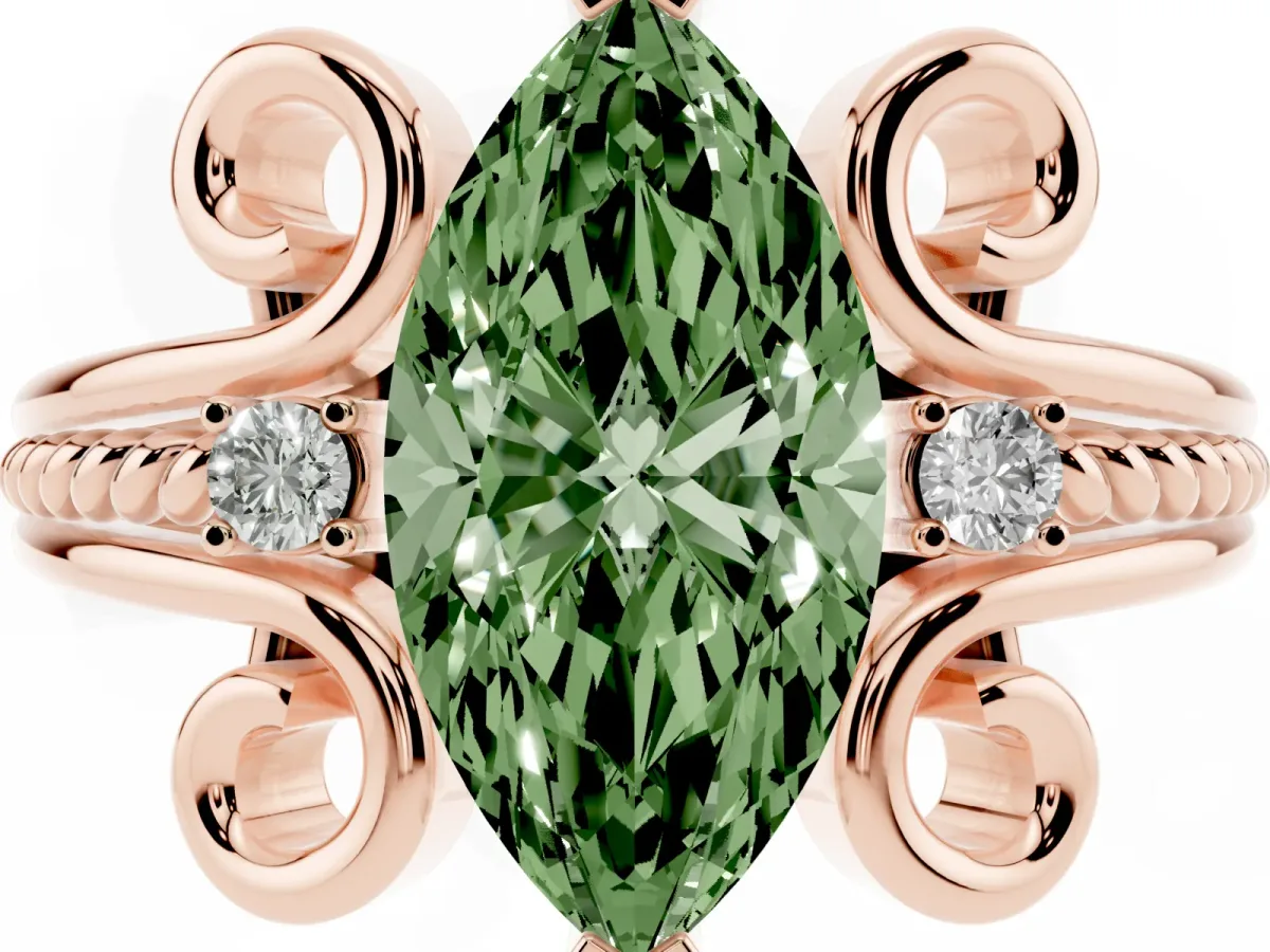 Fancy Green Marquise Cut Solitaire Twisted Band Scroll Prong Ring Rose gold