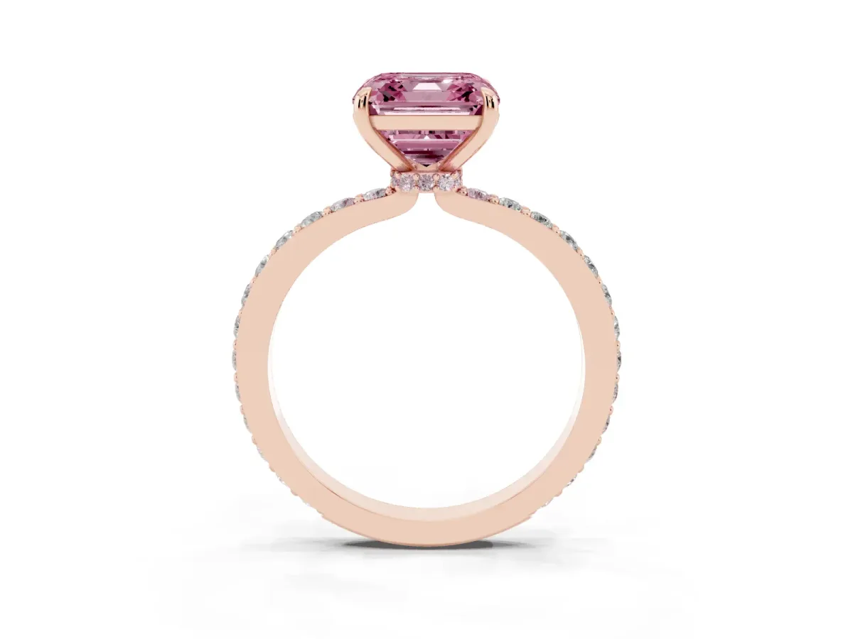 Fancy Pink Asscher Cut Diamond Solitaire Engagement Ring with Pavé Band and Four-Prong Setting Rose gold